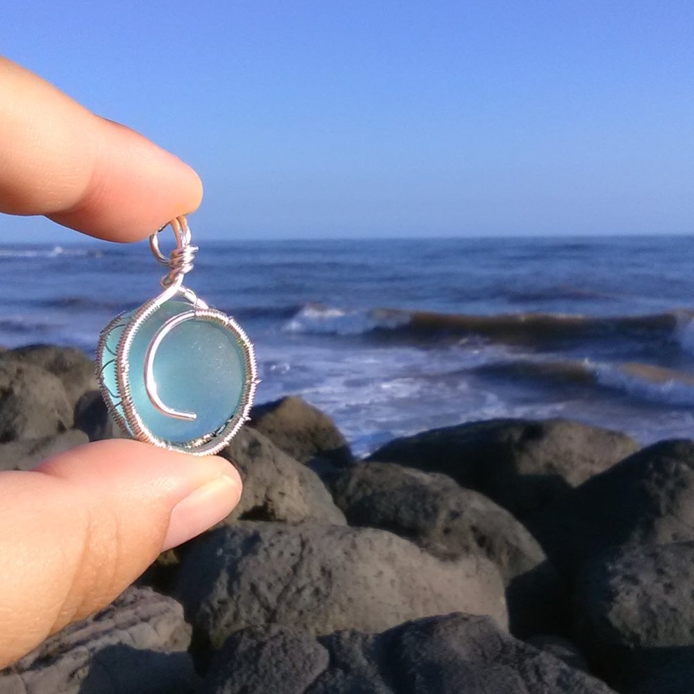 Light Blue Sea Glass Silver Wrapped Necklace